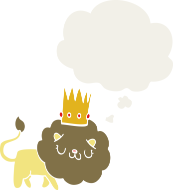 İnsan tarafından çizilmiş düşünce baloncuklu taç takan çizgi film aslanı.