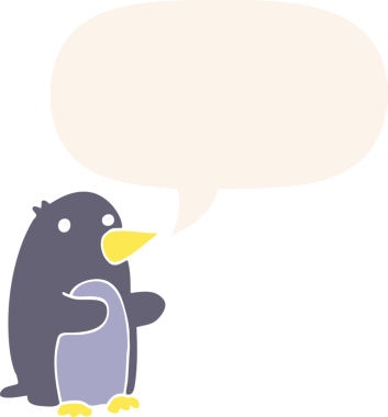 bir insan tarafından çizilmiş, retro tarzı konuşma balonu olan penguen çizgi filmi.
