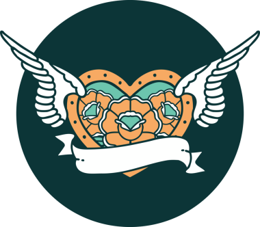 Bir insan tarafından çizilmiş çiçek ve bayrak ile uçan bir kalbin ikonik dövme görüntüsü