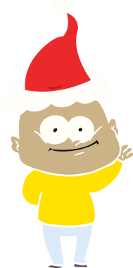 Bir insan tarafından çizilmiş Noel Baba şapkası giymiş kel bir adamın el çizimi düz bir çizim.