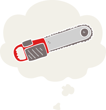 Düşünce baloncuğu olan zincirli testere insan tarafından çizilmiş.