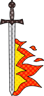 Çizgi roman stili tuhaf bir çizgi film. Bir insan tarafından çizilmiş alevli kılıç.