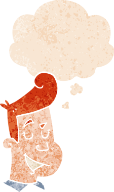 Düşünce baloncuklu çizgi film mutlu adam grunge sıkıntılı retro dokuma bir insan tarafından çizilmiş