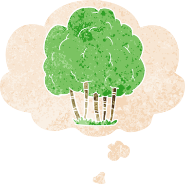 Düşünce baloncuğu ve grunge desenli karikatür ağacı bir insan tarafından çizilmiş.