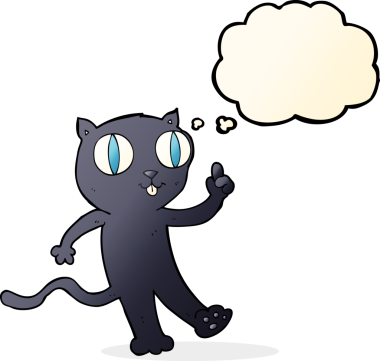 Bir insan tarafından çizilmiş düşünce baloncuklu kara kedi.