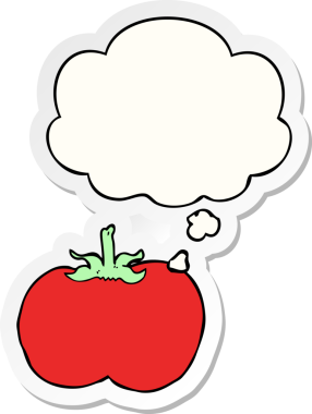 Düşünce baloncuklu çizgi film domatesi insan tarafından çizilmiş bir çıkartma.