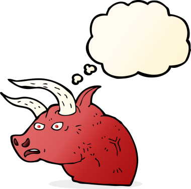 Bir insan tarafından çizilmiş düşünce kabarcığı olan kızgın bir boğa kafası.