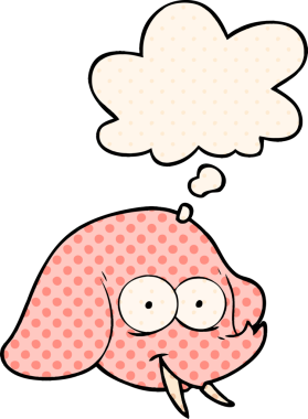 Çizgi roman tarzında bir insan tarafından çizilmiş düşünce baloncuğu olan bir fil yüzü.