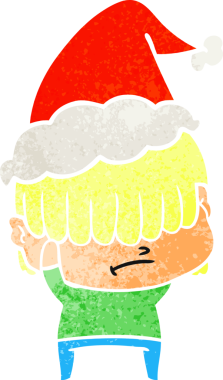 Bir insan tarafından çizilmiş, dağınık saçlı, Noel Baba şapkası takan bir çocuğun eski çizgi filmi.