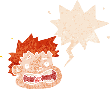 bir insan tarafından çizilmiş grunge sıkıntılı retro desenli konuşma baloncuklu karikatür korkmuş yüz