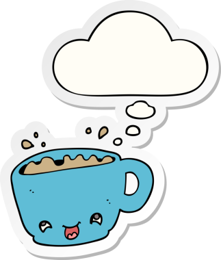 Düşünce baloncuklu bir kahve fincanı insan tarafından çizilmiş bir çıkartma.