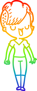 Gökkuşağı gradyan çizimi. Hipster saç kesimi bir insan tarafından çizilmiş şirin bir çizgi film kızı.