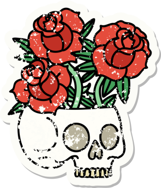 Geleneksel bir kafatası stili ve bir insan tarafından çizilmiş gül dövmesi.