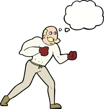 Bir insan tarafından çizilmiş düşünce balonlu retro boksör.