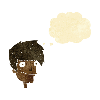 Bir insan tarafından çizilmiş düşünce balonlu gülümseyen adam.