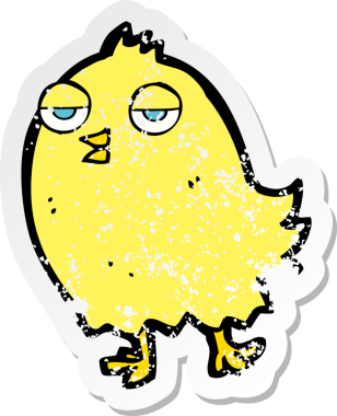 Bir insan tarafından çizilmiş komik bir karikatür kuşunun gerilmiş çıkartması.