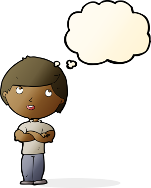 Bir insan tarafından çizilmiş düşünce baloncuğu olan katlanmış kollu mutlu adam çizgi filmi.