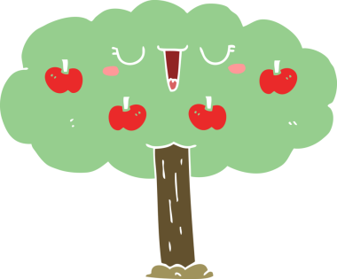 Bir insan tarafından çizilmiş düz renkli elma ağacı.