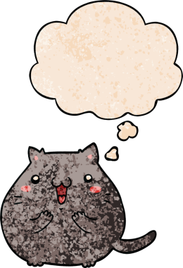 Bir insan tarafından çizilmiş grunge desenli düşünce baloncuklu mutlu çizgi film kedisi.