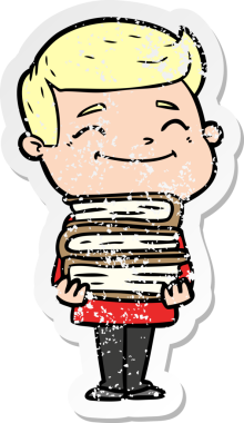 Bir insan tarafından çizilmiş kitap yığınıyla mutlu bir karikatürcünün sıkıntılı çıkartması.