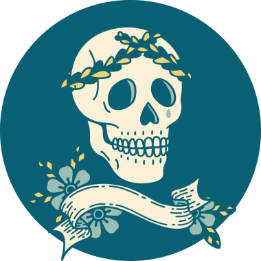 Bir insan tarafından çizilmiş defne çelenkli bir kafatası sancağıyla dövme stili simgesi