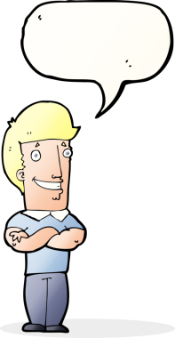 Bir insan tarafından çizilmiş konuşma balonuyla sırıtan kolları katlanmış çizgi film adamı.