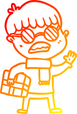 Elinde hediye tutan ve bir insan tarafından çizilmiş gözlük takan çizgi film çocuğu çizimi.