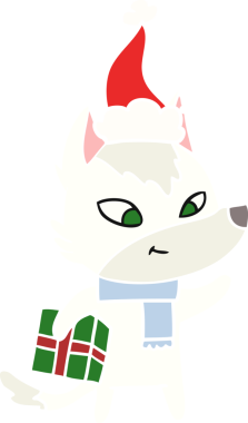 Bir insan tarafından çizilmiş Noel Baba şapkası giymiş bir Noel Kurdu 'nun düz renk çizimi.