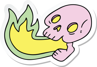 Ateş püskürten bir el çıkartması. Bir insan tarafından çizilmiş tuhaf bir kafatası.