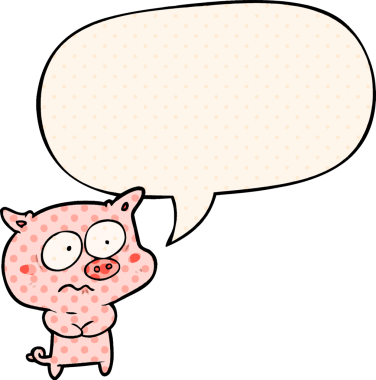 Bir insan tarafından çizilmiş çizgi roman tarzında konuşma balonu olan çizgi film gerilimli domuz.