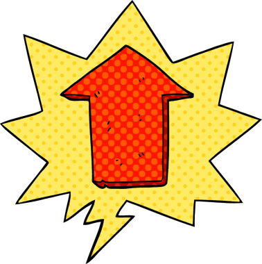 Bir insan tarafından çizilmiş çizgi roman tarzında konuşma balonlu bir ok gösteren çizgi film.