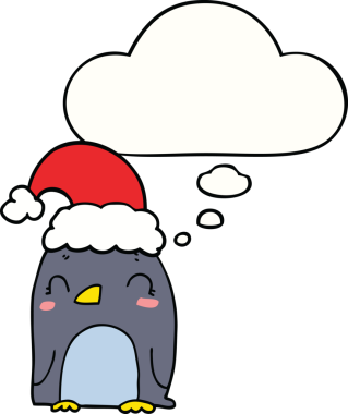 Bir insan tarafından çizilmiş düşünce baloncuğu olan sevimli bir Noel pengueni.