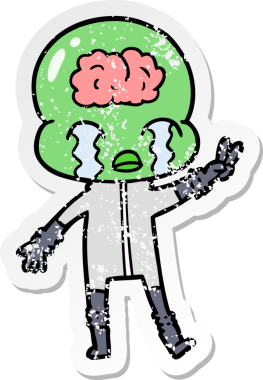 Bir çizgi filmin sıkıntılı çıkartması. Büyük beyin uzaylısı ağlıyor ve bir insan tarafından çizilmiş barış işareti veriyor.