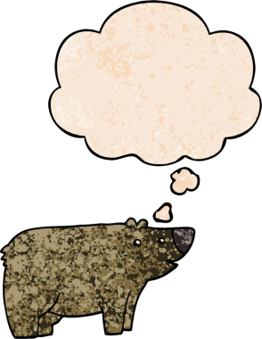 Bir insan tarafından çizilmiş grunge desenli düşünce baloncuklu çizgi film ayısı.