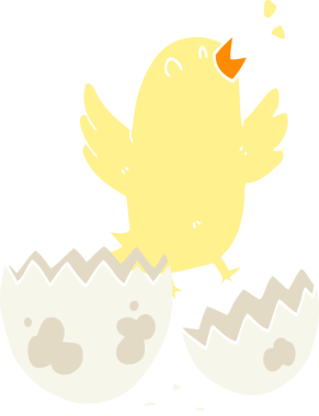 Bir insan tarafından çizilmiş yumurtadan çıkan düz renkli çizgi film kuşu.