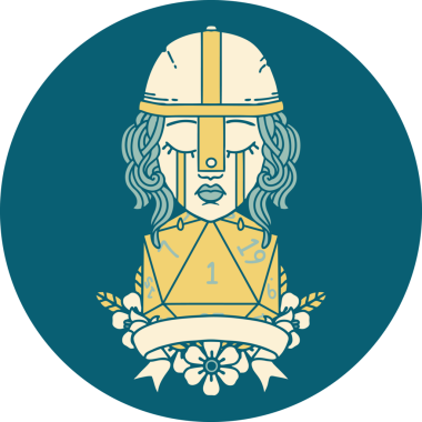 Retro Dövme Tarzı Ağlayan İnsan Dövüşçüsü Bir insan tarafından çizilmiş doğal bir D20 zarıyla