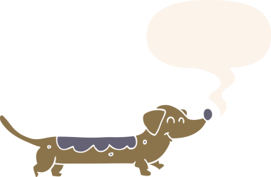 Konuşma baloncuğu olan bir insan tarafından çizilmiş bir çizgi film köpeği.