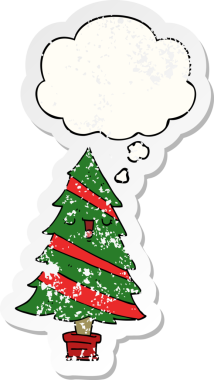 Düşünce baloncuğu olan karikatür Noel ağacı bir insan tarafından çizilmiş yıpranmış bir çıkartma.