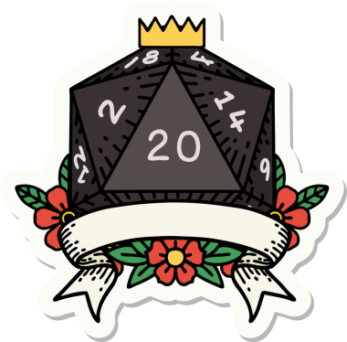 Bir insan tarafından çizilmiş 20 kritik vuruşluk D20 zar etiketi.