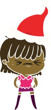 Bir insan tarafından çizilmiş Noel Baba şapkası giymiş bir kızın çizilmiş düz renk çizimi.