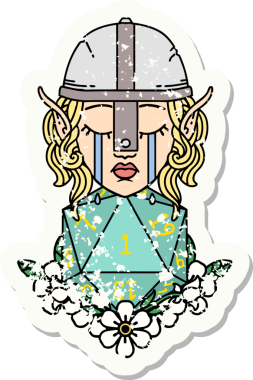 Hüzünlü bir elf savaşçısı karakterinin grunge çıkartması. Bir insan tarafından çizilmiş bir d20 rulo.