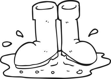 Bir insan tarafından çizilmiş su birikintisine çizilmiş siyah beyaz Wellington çizmeleri.