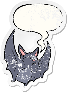 Bir insan tarafından çizilmiş, sıkıntılı, eski bir çıkartma olan, konuşma balonlu bir vampir cadılar bayramı sopası.