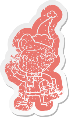 Garip bir çizgi film. Ağlayan bir adamın çıkartması. Bir insan tarafından çizilmiş Noel Baba şapkasıyla.