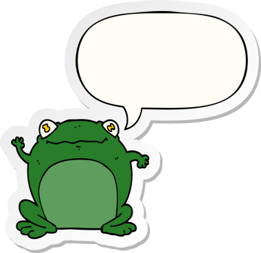 Bir insan tarafından çizilmiş konuşma balonu çıkartmalı karikatür kurbağası.