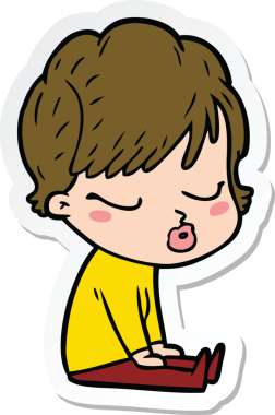 Bir insan tarafından çizilmiş, gözleri kapalı bir karikatür kadının çıkartması.