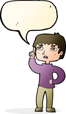 Bir insan tarafından çizilmiş bir konuşma balonuyla soru soran çizgi film çocuğu.