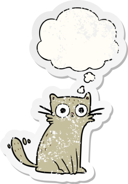 Düşünce baloncuğu olan çizgi film kedisi insan tarafından çizilmiş yıpranmış bir çıkartma.