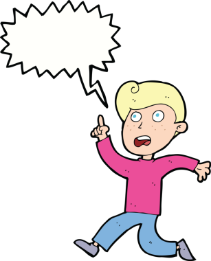 Bir insan tarafından çizilen konuşma baloncuğuyla panikleyen çizgi film çocuğu.