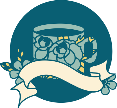 bir fincanın bayrağı ve bir insanın çizdiği çiçeklerle dövme tarzı simgesi